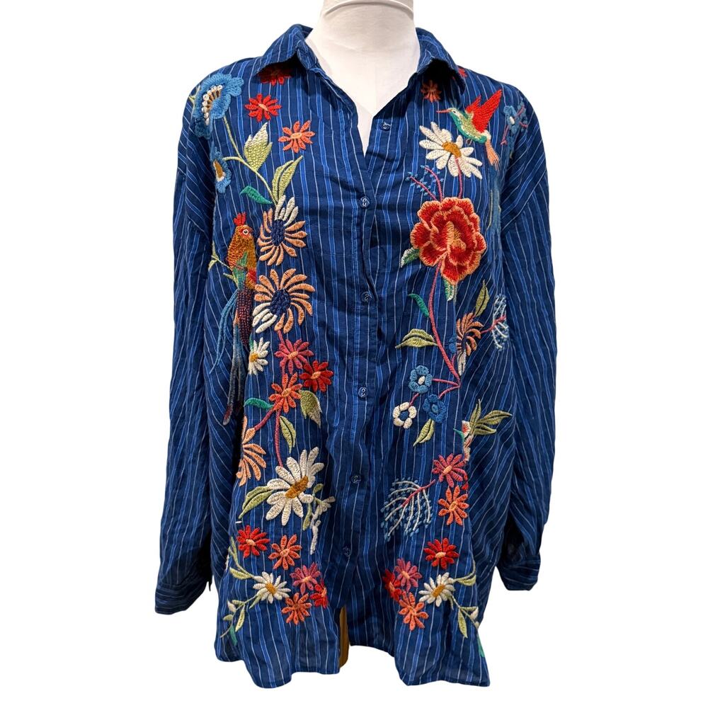 Johnny Was Marissa Embroidered Hummingbird Floral Button Up Tunic Top Large